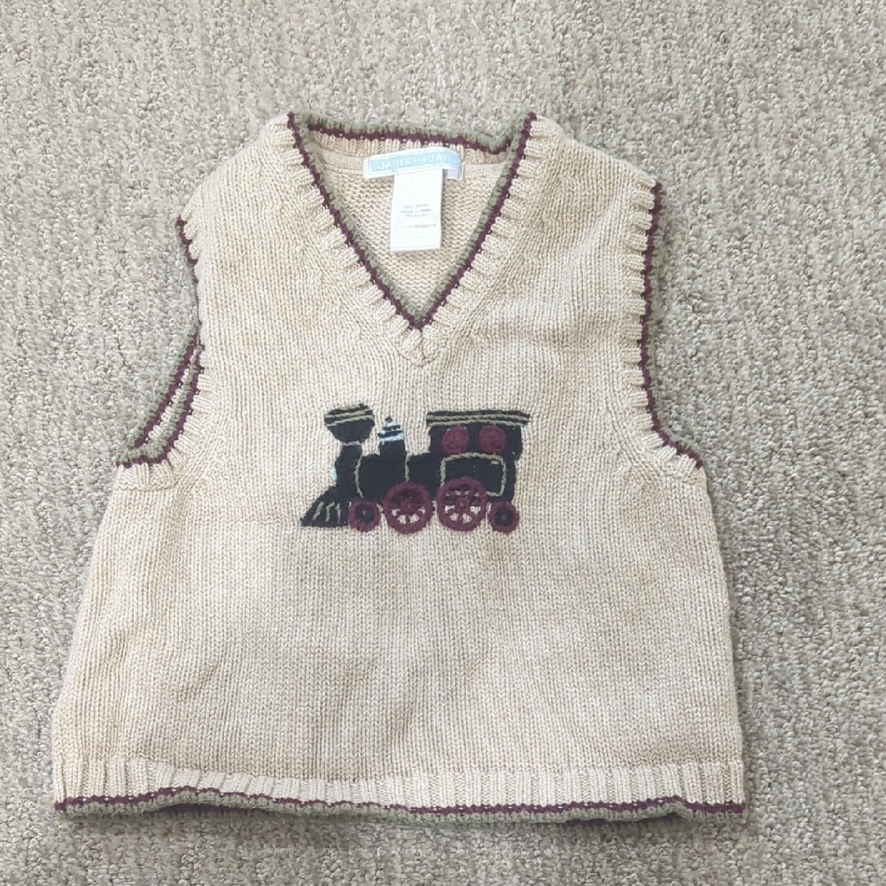 EUC Janie and Jack Beige Train Knit Sweater Vest, 6-12mo